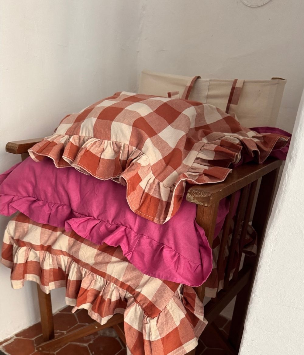 Terracott Quilt Pattern Terracotta and apricot gingham frill cushion cover | Midnatt