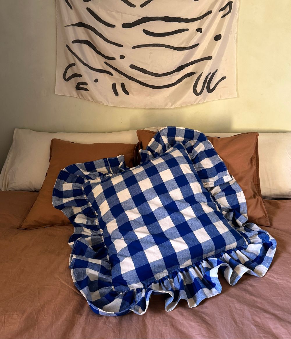 Blue gingham frill cushion cover
